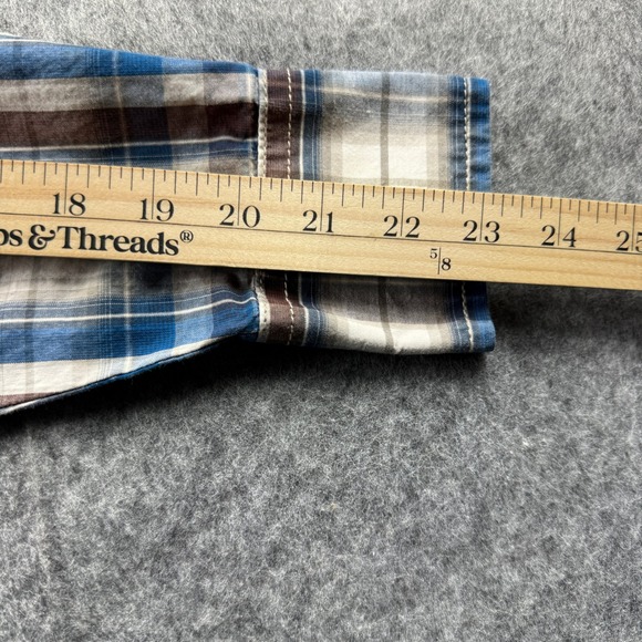 Wrangler Mens Western Blue Brown Plaid Pearl Snap Long Sleeve Shirt Medium - Picture 4 of 14